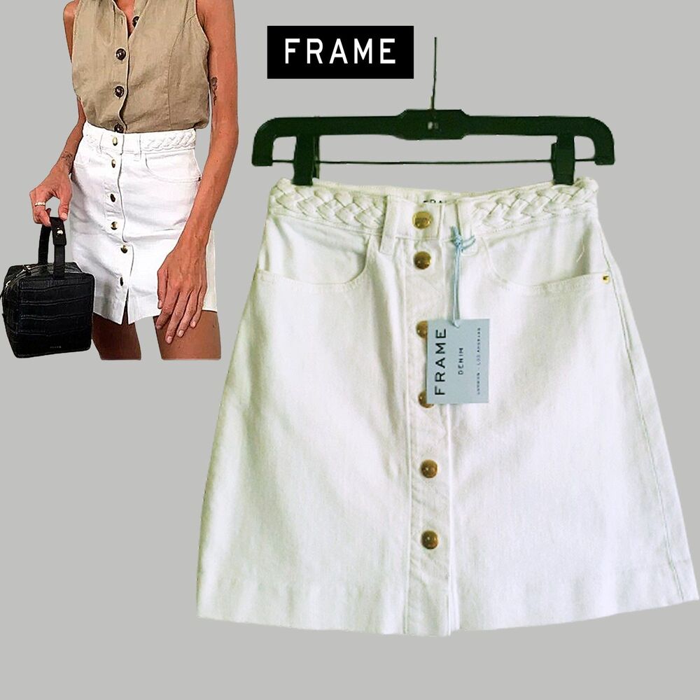 FRAME NEW CLAIRE Cottagecore Braided Waist Button-Front Denim Mini Skirt 24